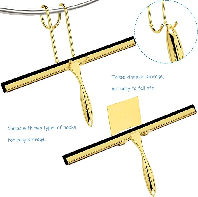 Shower Squeegee for Glass Doors, 14 Inches Bathroom Squeegee with Spare Silicone Blade, Shower Door Hook and Adhesive Hook, Stainless Steel Bathroom Squeegee for Mirror Window (14in-Gold-1 Pack)