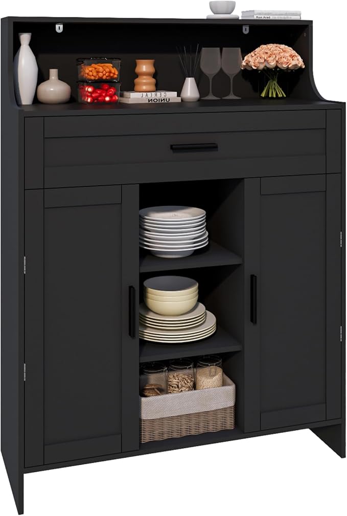 Storage Cabinet with Doors and Drawers, Kitchen Storage Cabinet with 1 Large Drawer,2 Doors,and 2 Adjustable Shelves,for Bathroom/Kitchen/Living Room/Entrance Hall (Black)