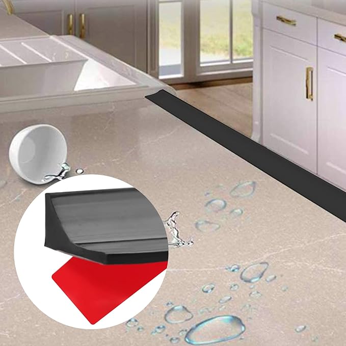 New Collapsible Shower Threshold Water Dam, Self Adhesive Silicone Waterproof Barrier Bathroom and Kitchen Water Strip Dam Shower Guard for Dry And Wet Separation Caulk Seal Strip Edge Trim(Black)