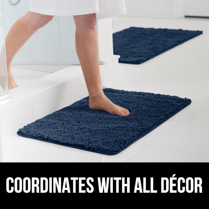 GORILLA GRIP Bath Rug Mat 42x24, Soft Absorbent Chenille, Quick Dry Microfiber Mats, Rubber Backing Washable Shower Floor Rugs, Bathmat Runner, US Designed Bathroom Home Decor Accessories Navy Blue