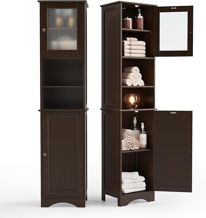 Gizoon Tall Bathroom Storage Tower, Freestanding Linen Cabinet with Two-Way Doors, Adjustable Shelves, Anti-Tip Floor Cabinet, for Home, Kitchen, Living Room, Dark Brown