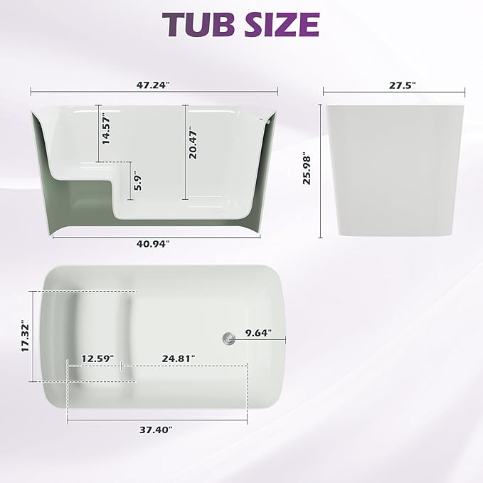 47" Lucite Acrylic Freestanding Bathtub，Square Shape Janpanese Soaking Tub with Seat Desgin,Toe-tap Chrome Right Drain, Slotted Overflow, cUPC Certified,Glossy White