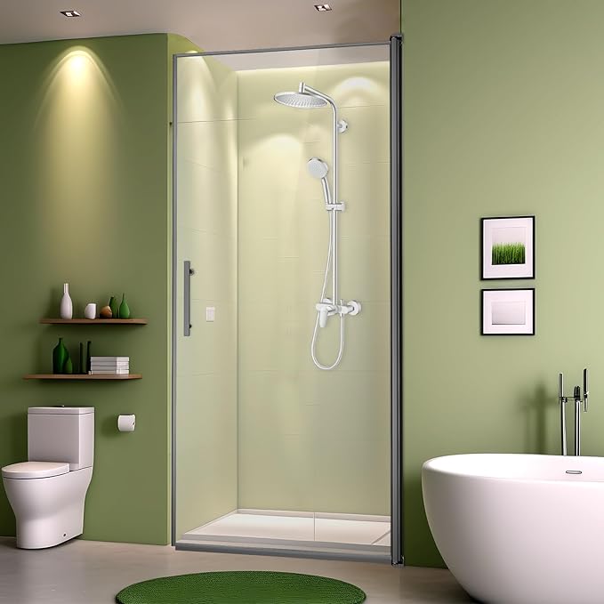 34" Wx72 H Frameless Reversible Pivot Shower Door, 1/4" Clear SGCC Tempered Glass & Shatter Proof Film, 304 Stainless Steel Hardware, Water Protection Seal Stripes Plus Glass-Fixing Aluminum Stripe