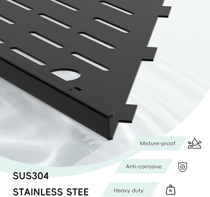 10’’ Shower Corner Shelf, Stainless Steel Shower Shelves with Razor Hole for Bathroom, Grout in Corner Shelf with Hooks for Tiled Wall 2 Pack, Matte Black
