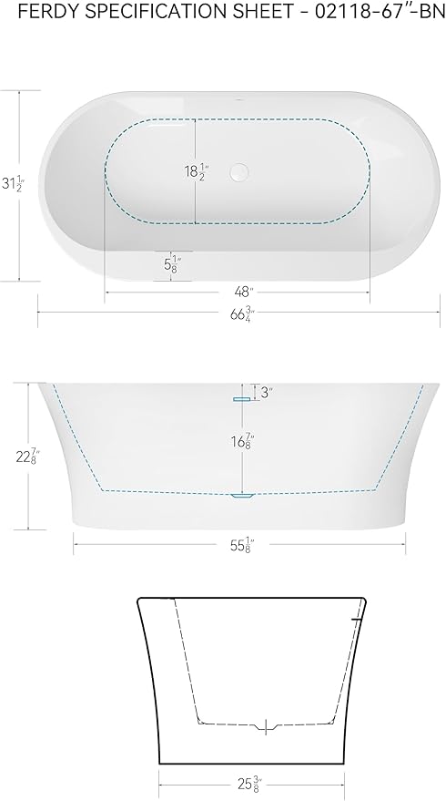 FerdY Mauritius 67" Acrylic Freestanding Tub, Oval Contemporary Soaker Tub, Extra Deep Bathtub,Gloss White Drainage and Minimalist Linear Design Overflow, Modern White, cUPC Certified