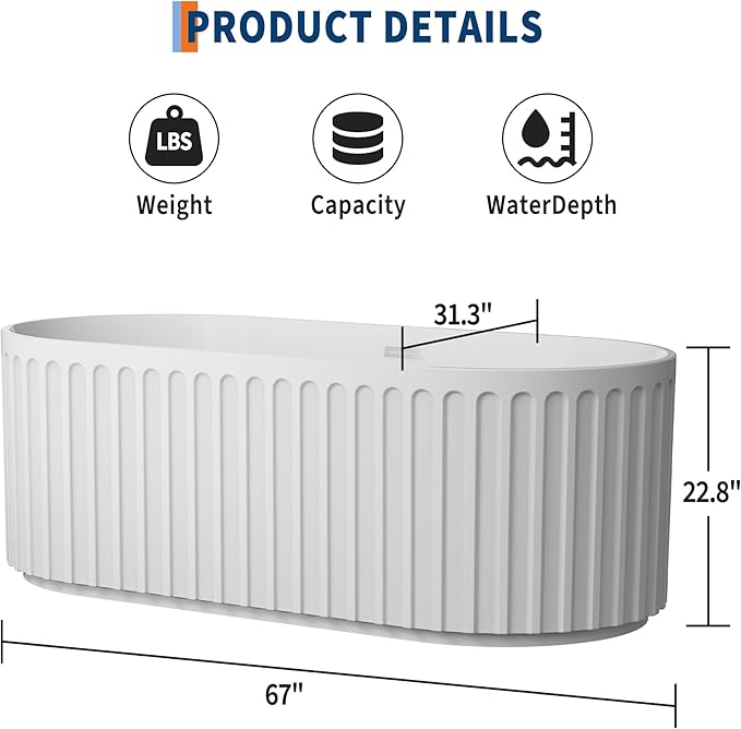 GarveeLife Freestanding Bathtubs 67 inch White Acrylic Free Standing Soaking Tub – Sleek Striped Design with Integrated Overflow, Pop-Up Drain & Hidden Pipe, Perfect for Contemporary Bathroom Décor