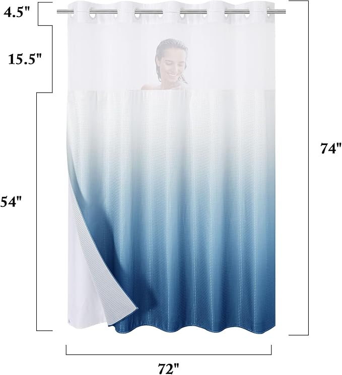 Gibelle No Hook Waffle Weave Shower Curtain with Snap-in Fabric Liner Set for Bathroom, Hotel Style with Mesh Top Window, Waterproof & Washable, Ombre Blue, 72x74