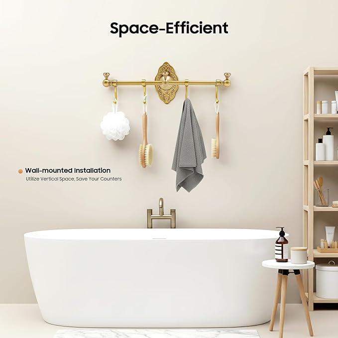 TFCFL Wall Mounted Towel Rack with 4 Hooks, Vintage Gold Brass Bathroom Organizer 14.17", H59 Brass for Bathroom & Kitchen