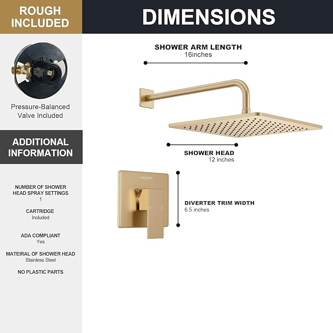Lava Odoro 12-inch Modern Square Shower Faucet Set Champagne Gold, Shower Trim Kit with Rough-in Valve High Pressure Gold Rainfall Shower Head and Handle Set, (Valve Included), SF106-CB