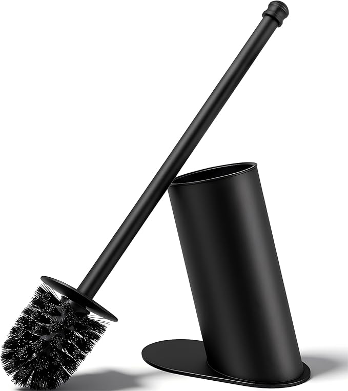 Toilet Brush and Holder Set, Stainless Steel Toilet Bowl Brush with 16.5" Long-Reach Handle, Tilted Canister with Concealed Brush Head & Anti-Splash Shield for Bathroom Cleaning, 1 Spare Head Included