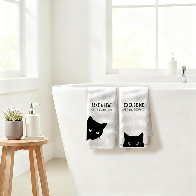 Funny Black Cat Bathroom Hand Towels, Cat Bathroom Decor, Sweet Cheeks Funny Kitten Kitty Decorative Hand Tea Towels for Washroom Restroom, 16x24 Inches Set of 2