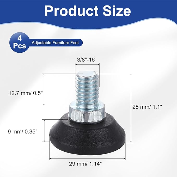 uxcell 3/8"-16 Thread Furniture Feet Levelers, 4Pcs 12.7mm l Adjustable Furniture Feet Screw in Threaded Leveling Leg Screw on Chair Foot Glides Leveling for Table Chair Cabinet Black