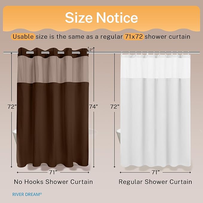 River Dream No Hooks Required Dotted Brown Shower Curtain with Snap in Liner - 71" W x 74" H,Hotel Grade,Spa Like Bath Curtain