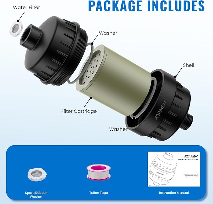 Ryamen Heavy Duty Shower Filter, Shower Water Filter, 99% REMOVAL Shower Head Filter for Hard Water, Heavy Metals, Chlorine (2 Cartridges, Black)