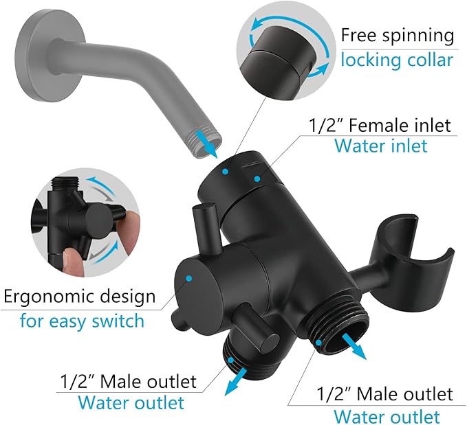 PDPBath Solid Brass 3 Way Shower Arm Diverter Valve with Handheld Holder for Dual Shower Heads with G1/2 Universal Connection - Matte Black