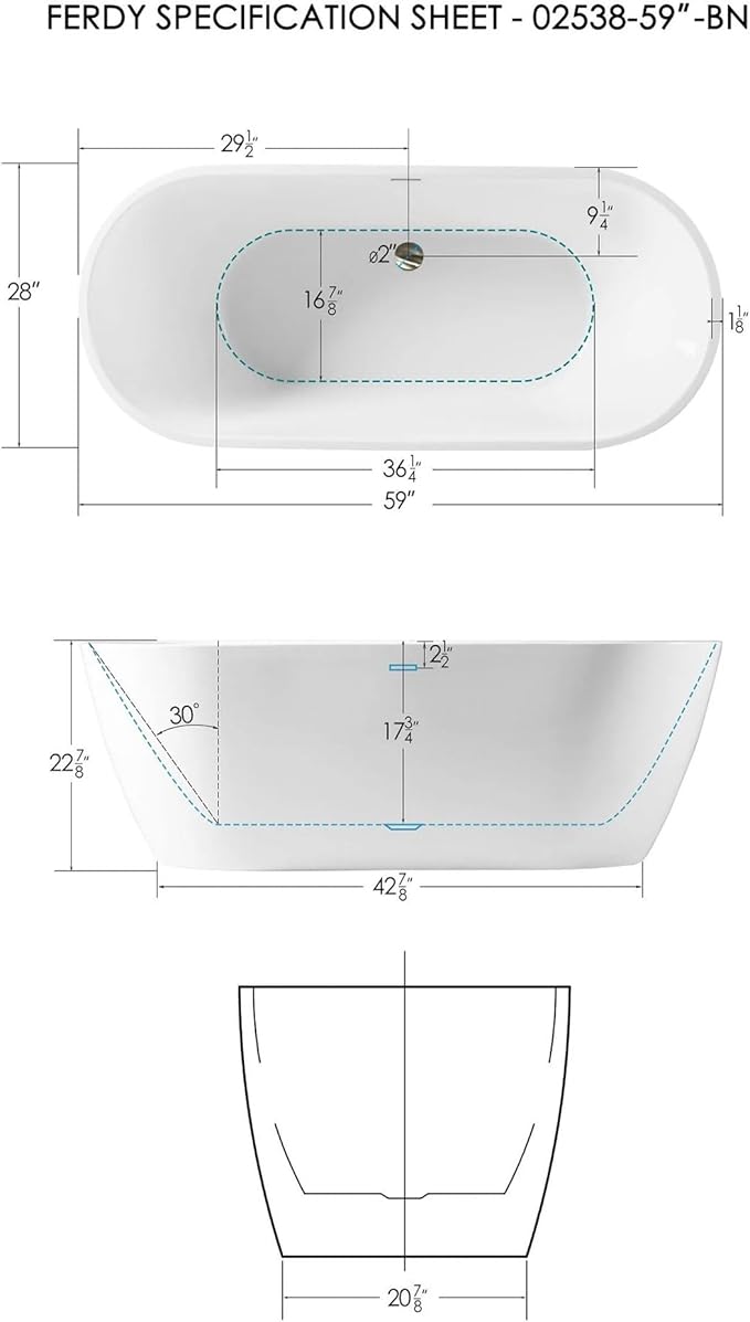 FerdY Bali 59" Acrylic Freestanding Bathtub, Gracefully Shaped Freestanding Soaking Bathtub with Brushed Nickel Drain & Minimalist Linear Design Overflow, Glossy White, cUPC Certified