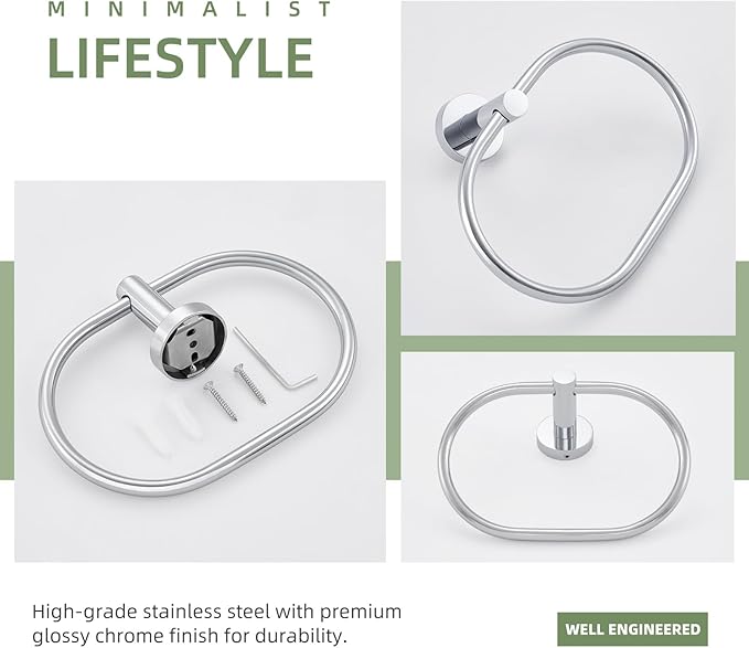 Angle Simple Towel Ring, Stainless Steel Swivel Hand Towel Holder Rack Hanger for Bathroom Kitchen Wall, Chrome