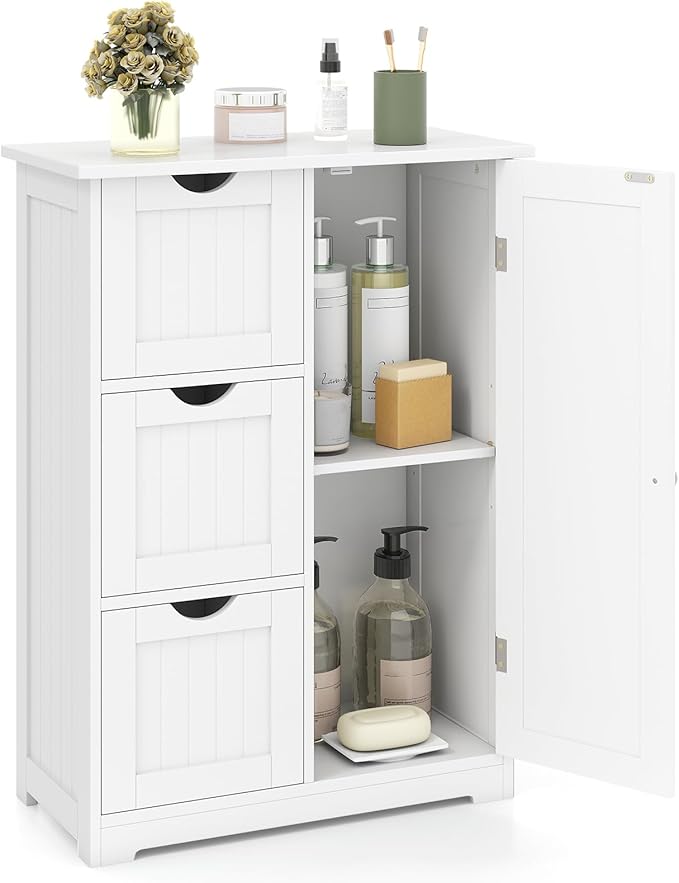 Tangkula Bathroom Floor Cabinet, Freestanding Storage Cabinet with 3 Drawers & Single Door, Adjustable Shelf, Multipurpose Bathroom Storage for Home Office, 23.5 x 12 x 32 Inches (3 Drawers, White)