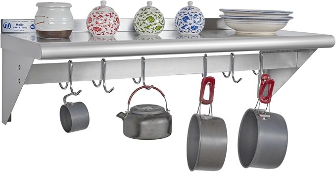 Hally Stainless Steel Shelf with 6 Hooks 12" x 36" Wall Mounted Pot Rack, NSF Commercial Floating Shelving for Storage Hanging Pots, Pans, cookware in Restaurant, Kitchen, Home and Hotel