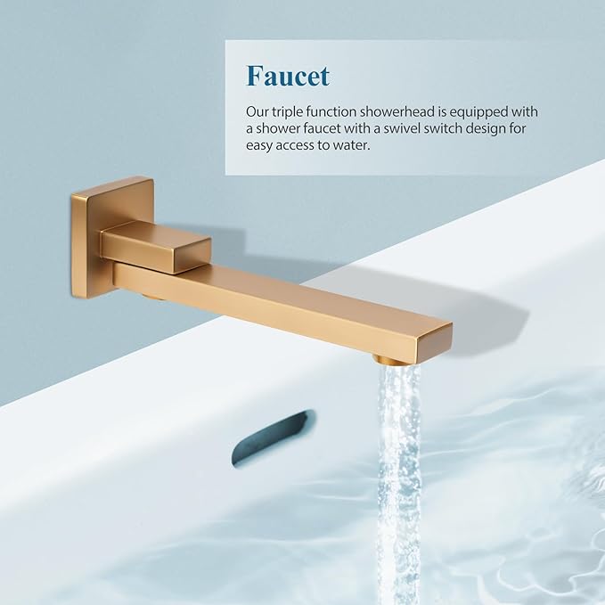 10 inch Square Shower Head and Handheld Set, Gasecoet Shower System with Tub Spout Wall Mounted Shower Faucet for Bathroom - Brushed Gold (With Shower Valve)