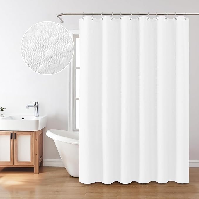 Inhousolu Fabric Shower Curtain Waffle Weave, 230 GSM Heavy Duty, Weighted Hem, 14 Metal Hooks, Water Repellent, Machine Washable, Hotel Spa Luxury Bath Curtain Set, 72 x 96 Inch, White