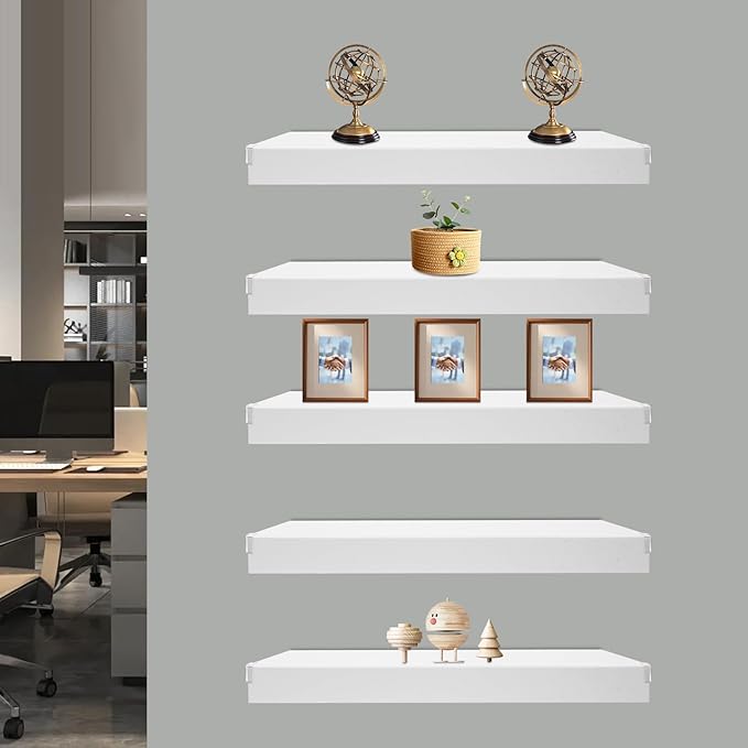 33 Inch Floating Shelves for Wall, 16 Inch Deep Hanging Shelf, Large Display & Storage Shelf for Bathroom, Bedroom, Living Room, Set of 5 (White, 33 Inch)