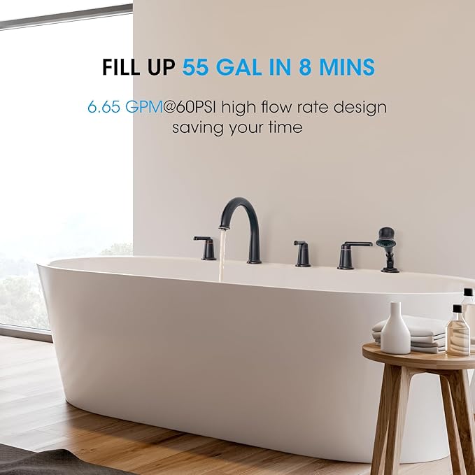 Roman Tub Faucet Set with Hand Shower, KRUZOO Bathtub Faucet Set Trim Kit with Rough-in Valve, Deck Mount Widespread 5 Hole Brass Tub Filler, KZ-9609ORB, Oil Rubbed Bronze