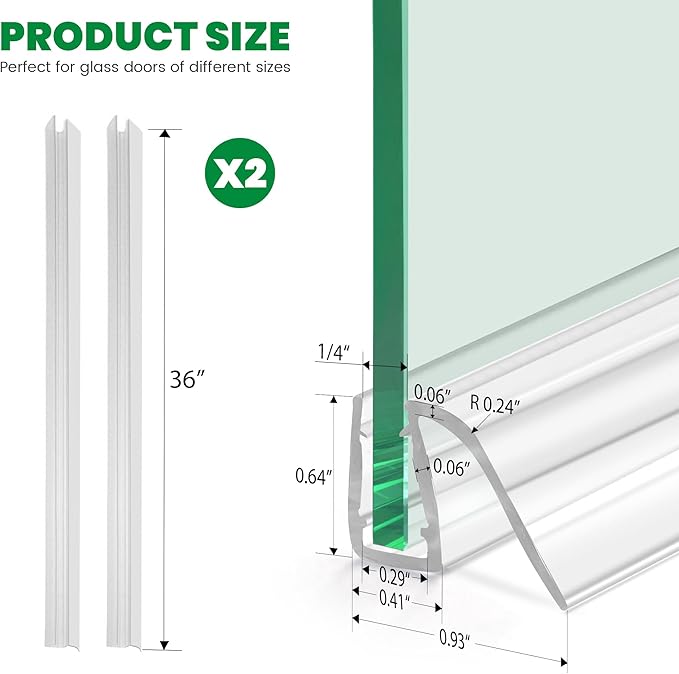 Bathroom Shower Glass Door Bottom Seal Strip, 2PCS 36 Inch Long Clear PVC Seal Strips for 1/4"(6mm) Thick Framless Glass Door Panel