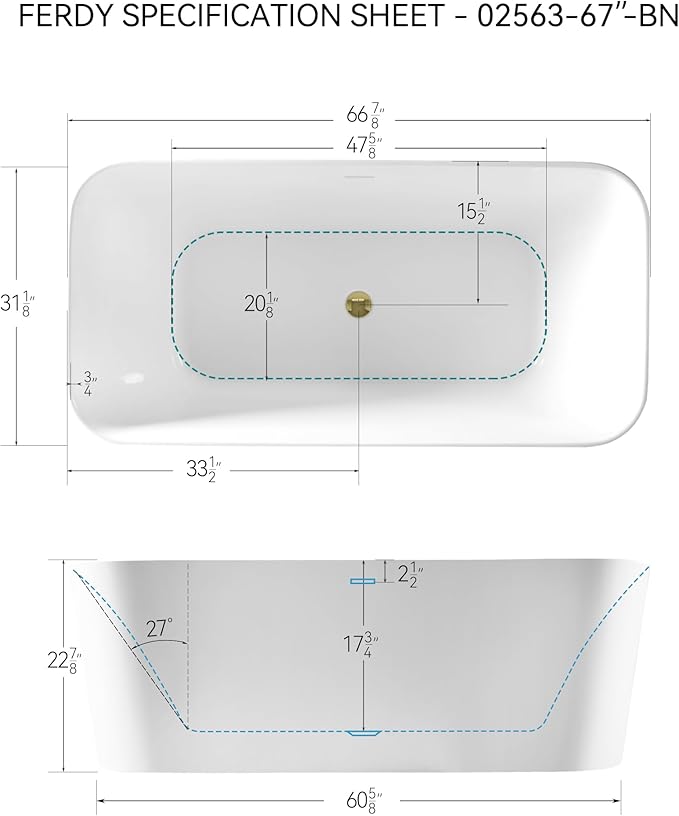 FerdY Maui 67" Acrylic Freestanding Bathtub, Contemporary Elegant Design Soaking Tub with Polished Gold Drain and Minimalist Linear Design Overflow, Easy to Install