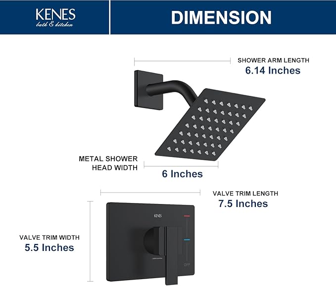 KENES Matte Black Shower Faucet with 6-Inch Shower Head and Handle Set, Square Shower Faucet Set Bathroom Rainfall Shower System Wall Mount, KE-6025B-2 (Shower Valve Included)