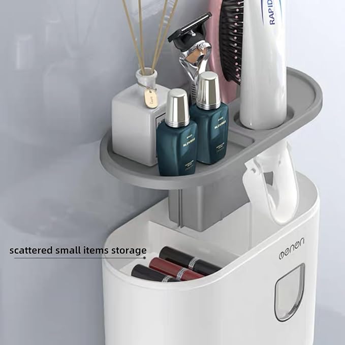 No-Drill Wall Mounted Toothbrush Holder, Bathroom Shelf, with Automatic Toothpaste Dispensers 4 Brush Hooks1 Magnetic Cups 1 Cosmetic Drawer Organizer and Large Storage (1 Dispenser 1 Cup)