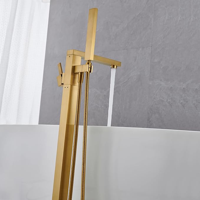 Freestanding Bathtub Faucet Tub Filler Brushed Gold Floor Mount Bathroom Faucets Brass Single Handle with Hand Shower