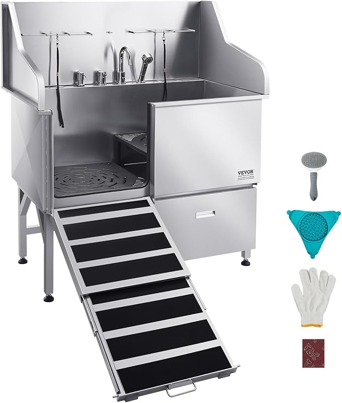 VEVOR Dog Bath Tub, Professional 50 Inch 304 Stainless Steel Dog Washing Station Anti-Slip Ramp & Storage Drawer, Hot Cold Water Faucet and Showerhead for Large Medium Small Dogs (Left Door)