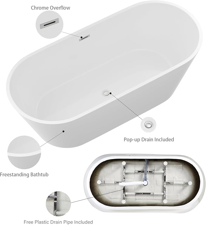 Logmey 63" White Acrylic Freestanding Bathtub Oval Shape Soaking Tub with Chrome Drain & Overflow Assembly for Classic and Modern Bathrooms