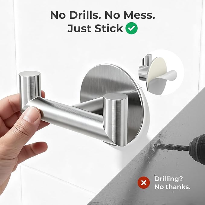 2 Pack Brushed Nickel Bathroom Hooks for Towels - Self Adhesive Double Hooks for Wall, No Drilling, Stainless Steel 304, Strong Hold for Robes, Coats, Shower Use