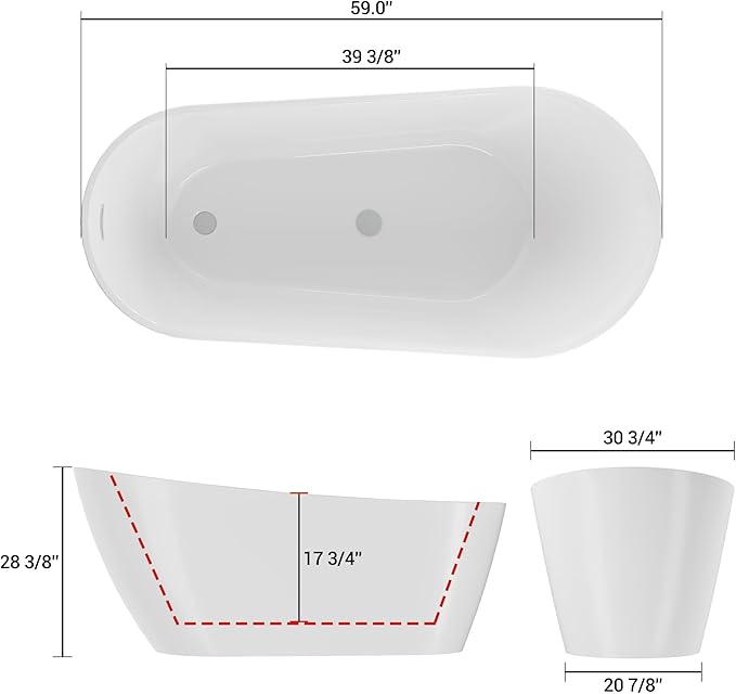 59 Inch Freestanding Acrylic Bathtub, Modern Soaking Tub with Chrome Overflow & Drain, CUPC Certified, Deep Soaking Design for Luxurious Spa Experience, Contemporary Bathroom Centerpiece