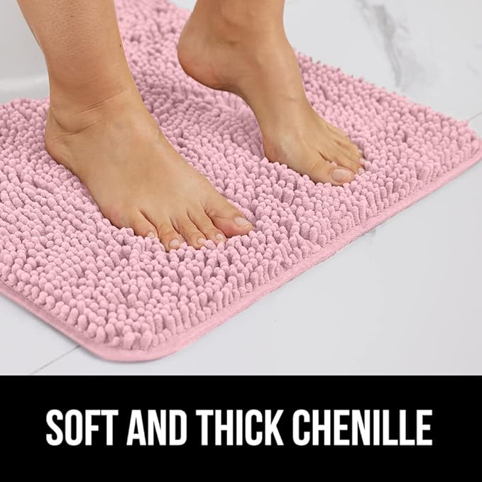 GORILLA GRIP Bath Rug Mat, Soft Absorbent Chenille, Quick Dry Microfiber Mats, Rubber Backing Washable Shower Floor Rugs, Bathmat Runner, US Designed Bathroom Home Decor Accessories 24x17 Light Pink