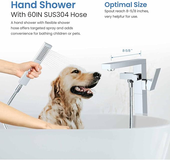 KIBI Cube Chrome Finish Freestanding Bathtub Faucet ‑ Floor‑Mounted Brass Tub Filler with Single‑Handle Bathroom Faucets with Hand Shower, Ceramic Cartridge & Stainless Steel Hose (KTF302CH)