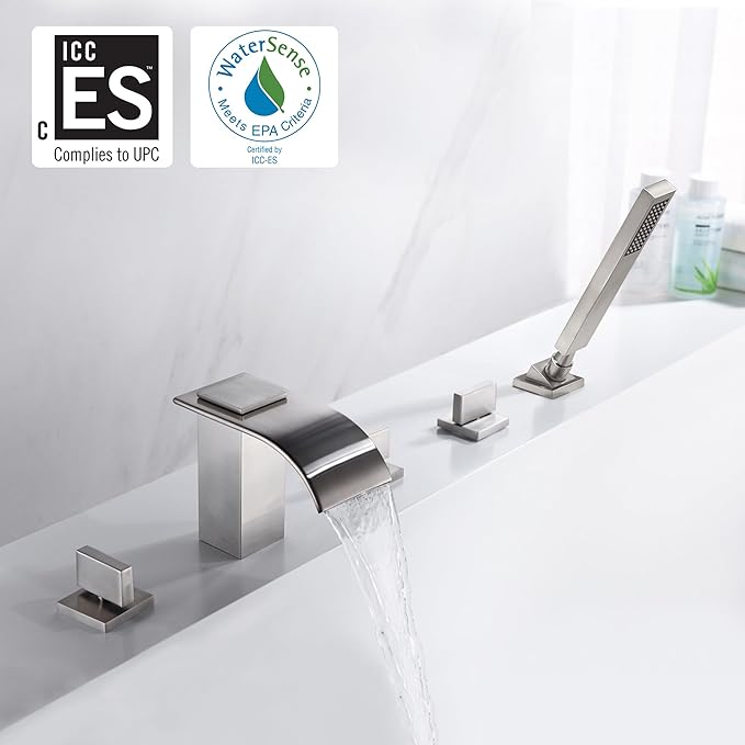 Roman Tub Faucet with Hand Shower, Waterfall Tub Filler Deck Mount Brushed Nickel, SUMERAIN