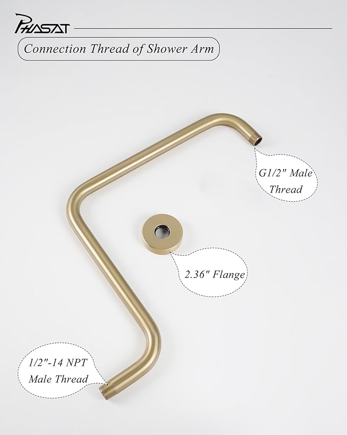 PHASAT S Shaped Shower Arm, High Rise Shower Arm with Flange, Brushed Gold