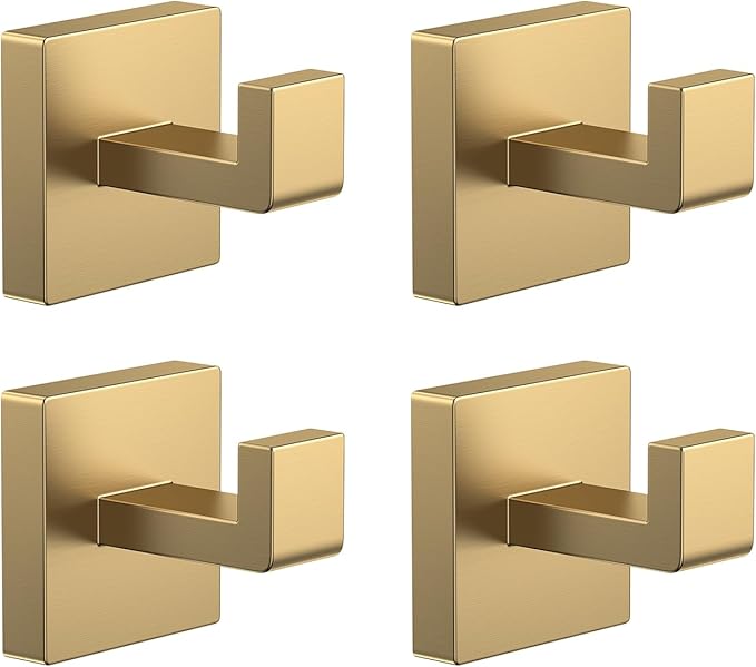 Kruodop 4 PCS Towel Hooks for Bathroom, Wall Mount Towel Holder, Black Matte Wall Robe Hook,Square Stainless Steel Door Hanger Towel Hook for Kitchen, Bedroom,Hotel,Pool,Coats（Gold）
