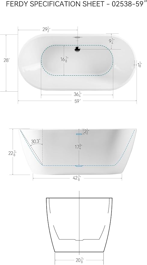 FerdY Nauru 59" Freestanding Bathtub,Gracefully Shaped Freestanding Soaking tub, Glossy White, cUPC Certified, Chrome Drain & Classic Slooted Overflow Assembly Included