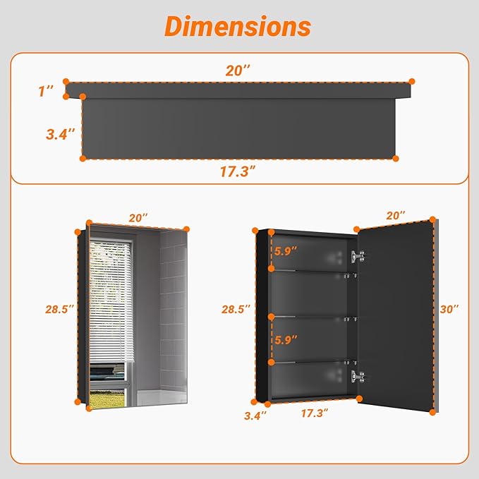 Black Modern Bathroom Medicine Cabinet,17x30 Inch Wall Mounted Surface Mount with 3 Adjustable Shelves,Tempered Glass,Rectangular