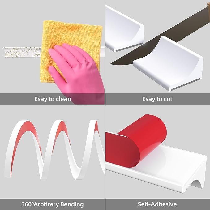 67Inch Collapsible Shower Threshold Water Dam Barrier, Self Adhesive Silicone Waterproof Shower Barrier Water Strip Dam for The Gap Between the Shower Kitchen Countertop Sink and Cooktop