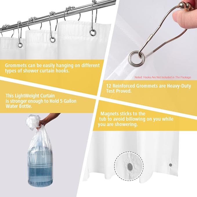 Frosted Plastic Shower Curtain Liner, 72x72 Inch Thin Lightweight Plastic Semi-Transparent Bathroom Shower Showroom Inner Curtain with Rustproof Metal Grommet Holes and Weighted Magnets