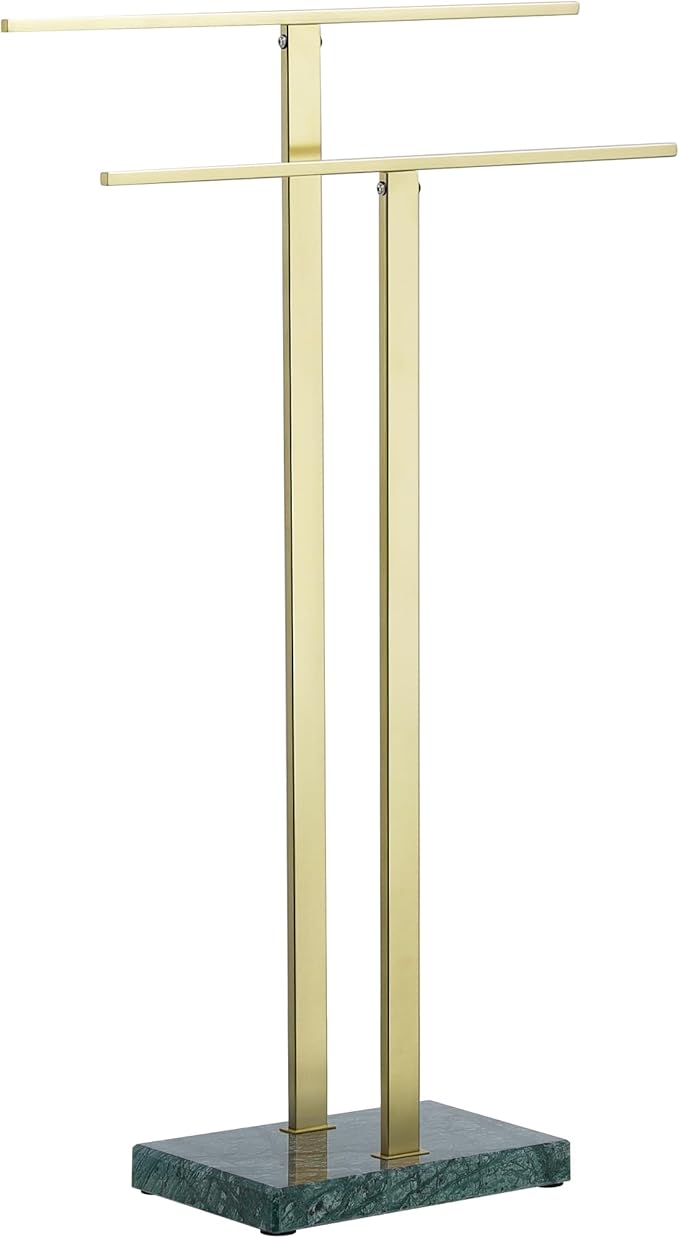 KES Standing Towel Rack with Green Natural Marble Base, 2-Tier Luxury Bath Towel Holder Stand for Bathroom Floor, Fits Bath Towel & Hand Towel, 18/8 Stainless Steel Brushed Gold, BTH217-GBZ