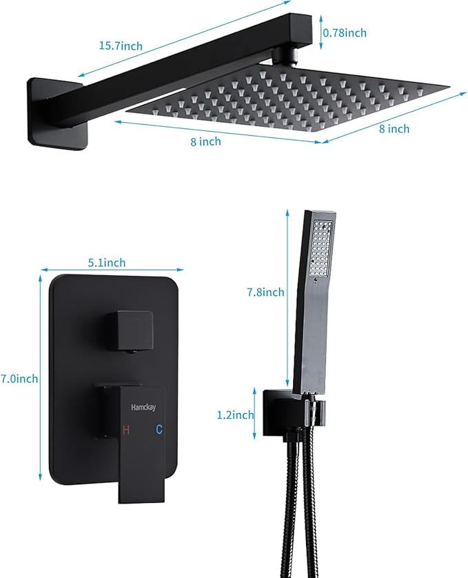 8 Inch Matte Black Shower Faucet Set with Rain Shower Head and Handheld Spray, Wall Mounted Rainfall Shower Head with Handheld Combo, Bathroom luxury Shower System with Valve and Trim