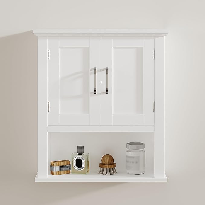 ChooChoo Wood Wall Cabinet with Doors, Medicine Cabinet with Adjustable Shelves Over The Toilet, Hanging Cabinet Wall Mounted for Bathroom, Kitchen, Living Room, White