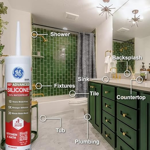 GE Advanced Silicone Caulk for Kitchen & Bathroom, White, 10 fl oz Cartridge, 1 Pack - 100% Waterproof Silicone Sealant, 5X Stronger Adhesion, Shrink & Crack Proof