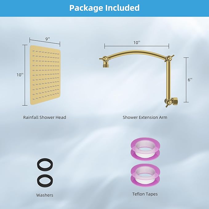 Hibbent All Metal cUPC Certified Rain Shower Head, 10'' High Pressure Rainfall Showerhead with 16" Shower Head Extension Arm, Brass Adjustable Shower Arm Extender, fixed Showerheads, Brushed Gold
